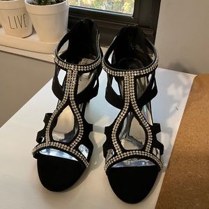 Dressy black suede pumps  with rhinestones embellishments, worn once , size 9